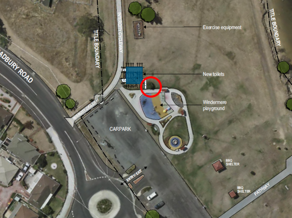 Existing Pine Memorial Location (red circle) & New Toilet Block (blue area)